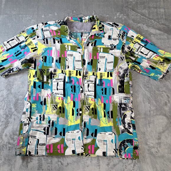 Unbranded Other - Unbranded Newspaper Print Shirt Mens Large Multicolor Fair Grunge Abstract Art